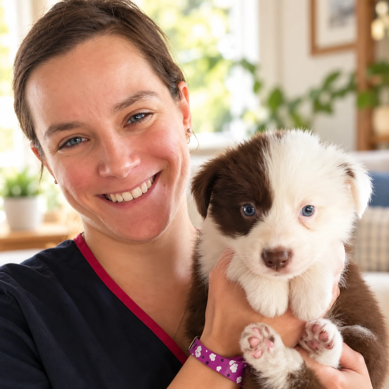 Eleanor of Pawz At Home Dog Training holding a brown-and-white puppy